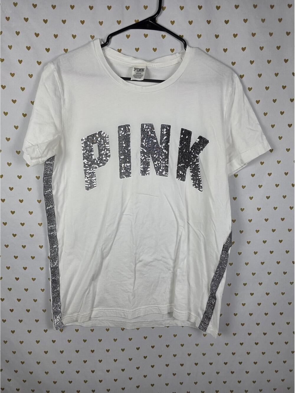 Victorias Secret PINK BLING Gradient Sequined Glitter Tee Shirt White MEDIUM